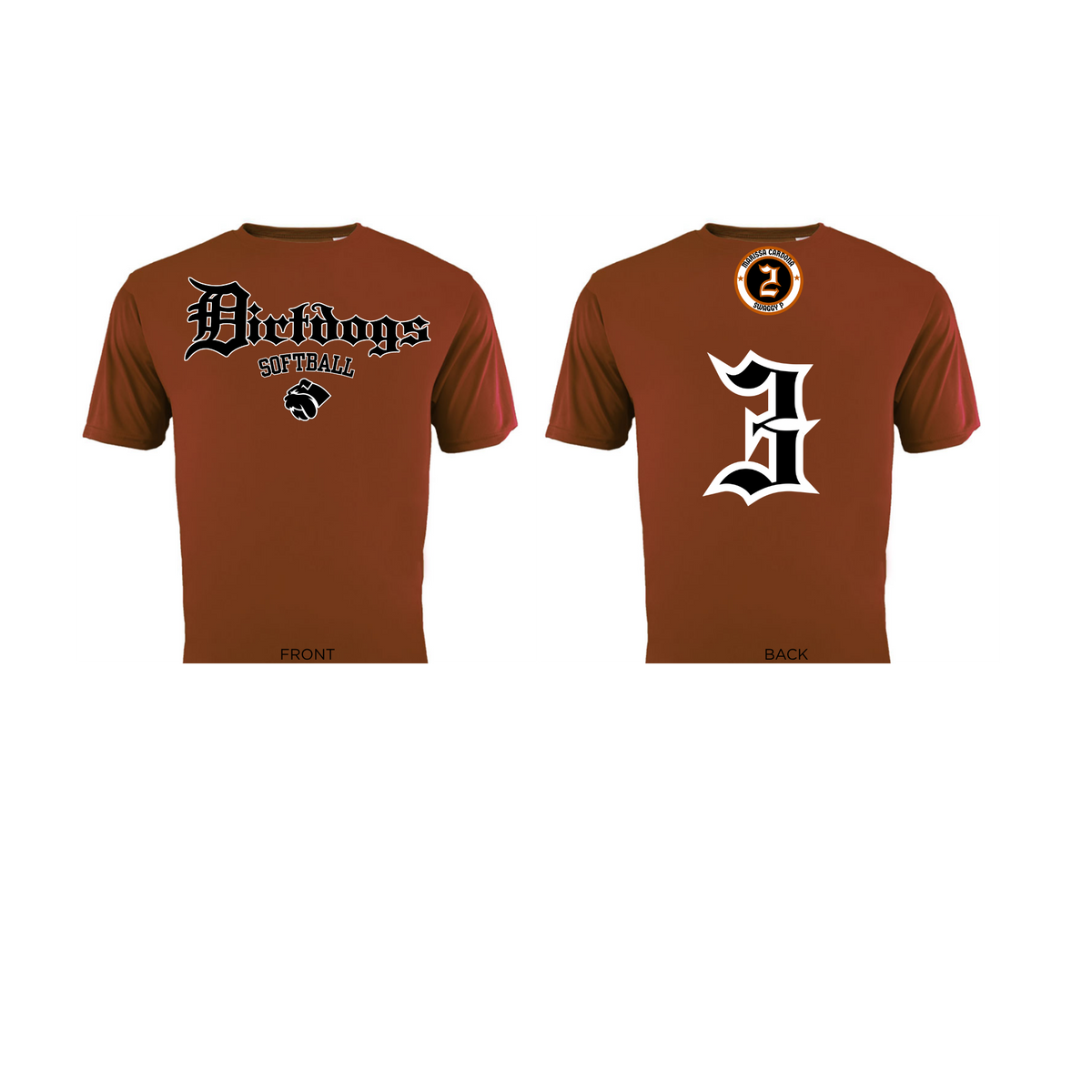 Cen Cal Dirtdogs player Performance Tee Texas Orange- Personalized